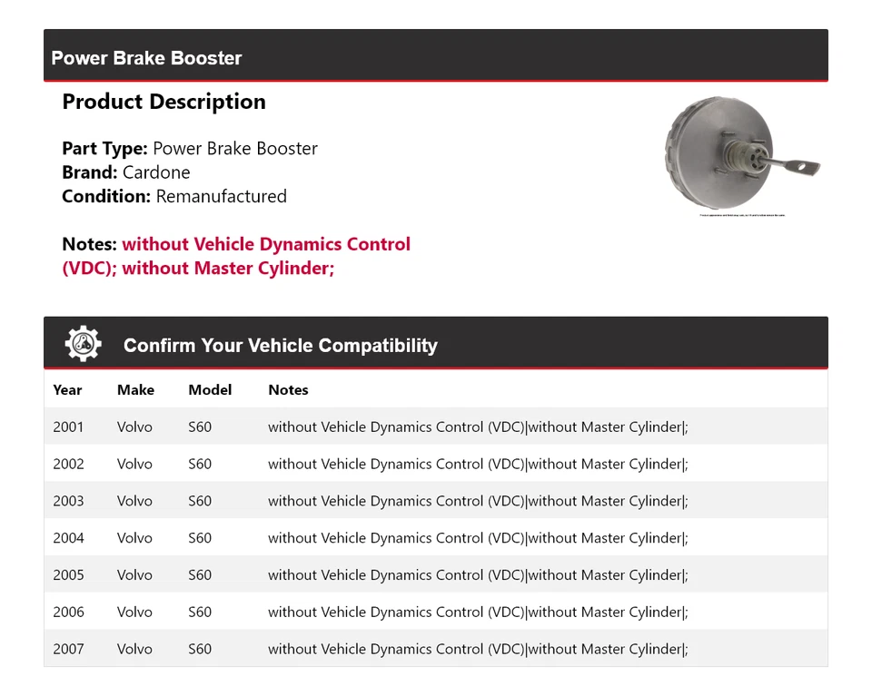 Para Volvo S60 2001-2007 Power Brake Booster Cardone 2002 2003 2004 2005 2006 Foto 2 de 4