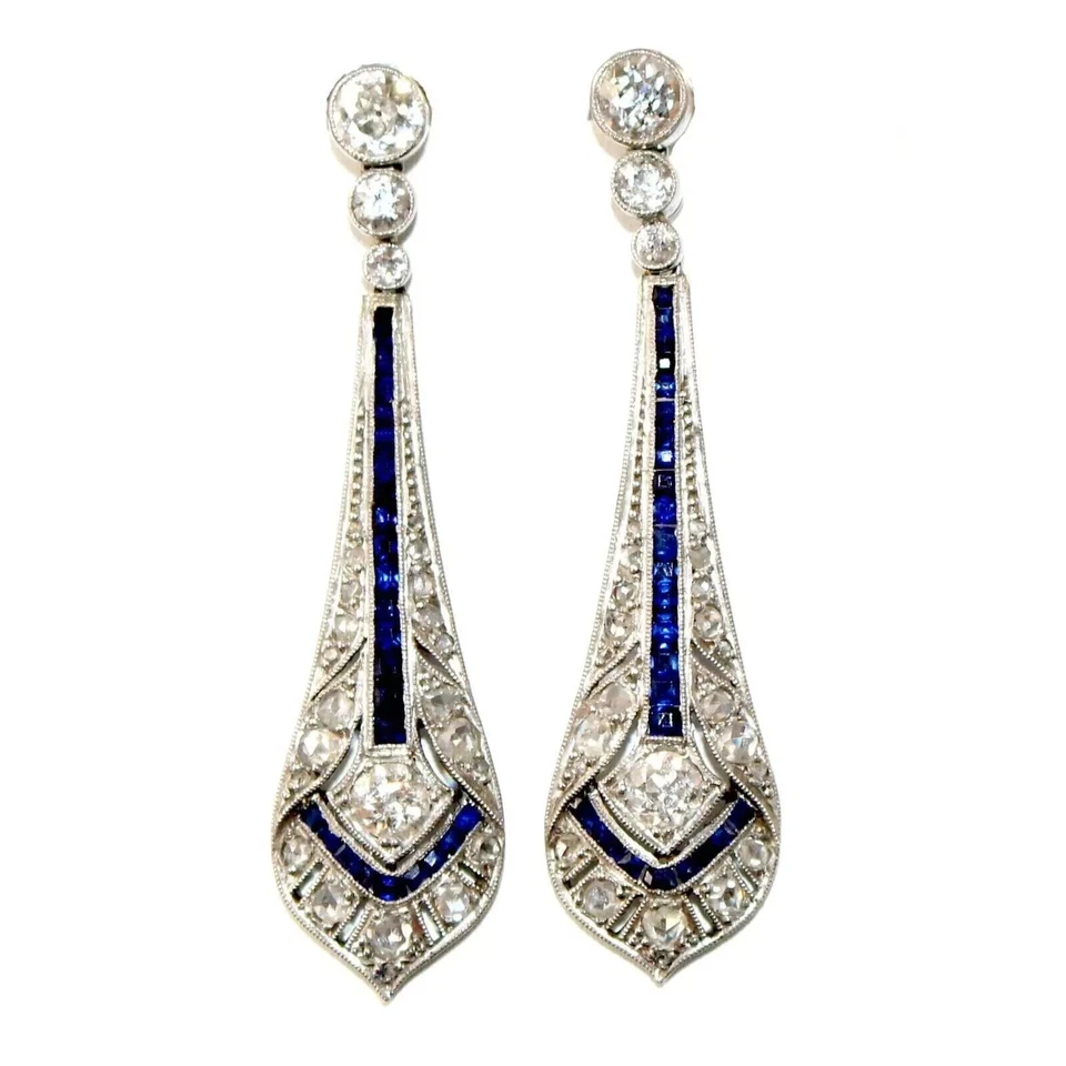 Silver Earrings Art Deco Style Lab Created Diamond &Sapphire Wedding DropDangle - Image 2 of 4