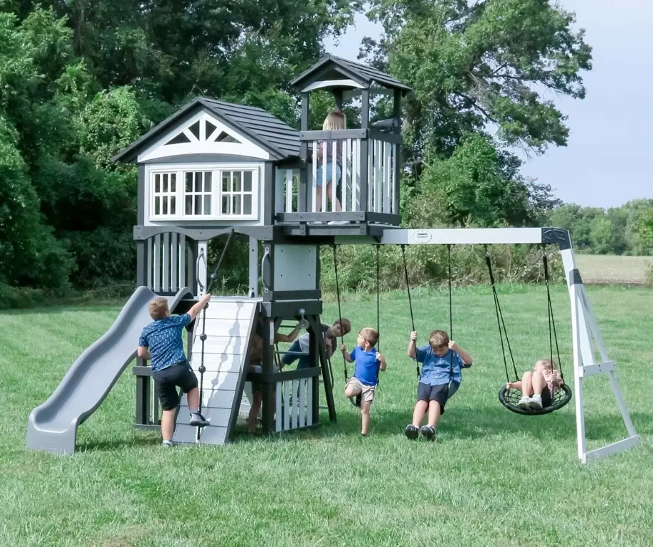 Large Garden Playhouse Outdoor Kids Swing Set Slide Climbing Wooden Tree House - Image 4 of 4