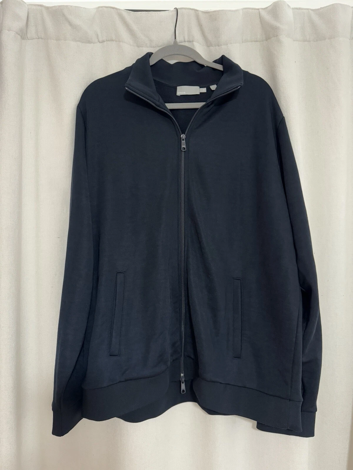VINCE Navy White TECH KNIT Jersey Stretch Zip Front Stand Collar Jacket XXL READ