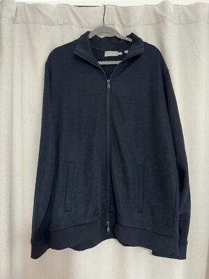 VINCE Navy White TECH KNIT Jersey Stretch Zip Front Stand Collar Jacket XXL READ