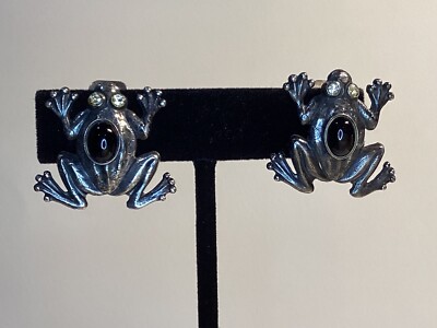 Vintage Signed Mary Demarco Tree Frog Clip Earrings Black Stone Belly Rhinestone