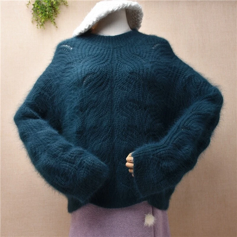 Mink cashmere mohair angora knit marine teal blue green fluffy sweater lux