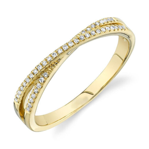 Diamond Crossover Ring 14k Yellow Gold Natural Round Cut Minimalist Band 0.09ct  - Picture 1 of 3