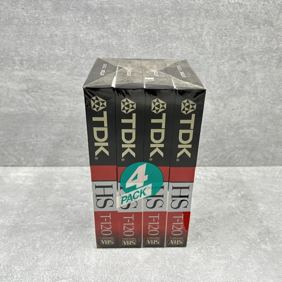 Nuevo en caja Nuevo TDK T-120 Paquete de 4 cintas de video VHS en blanco envueltas selladas de fábrica Foto 3 de 4