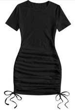 Make Me Chic Black Side Drawstring Bodycon Laser Cut Dress Small 90's Semi Sheer
