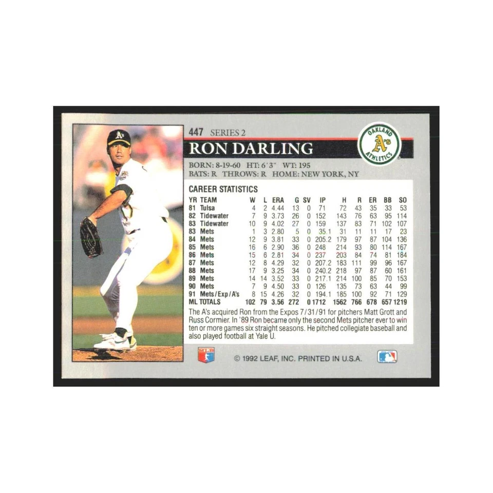 1992 Leaf Ron Darling Athletics #447.0 - Image 2 of 3
