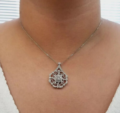 Art Deco Style Lab Created Diamond Engagement 14K White Gold Finish Pendant - Picture 2 of 7
