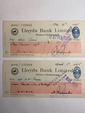 LLOYDS BANK 2 CHEQUES EPHEMERA - 1925 THAME, PRINCES RISBOROUGH & OXFORD 