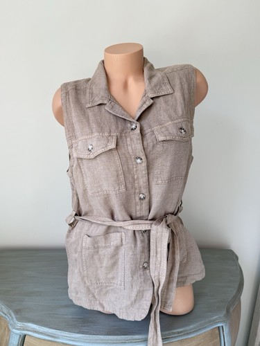 Linen Sleeveless Shirt Vest L Ecru Womens Quiet Luxury Boho Granola Lagenlook
