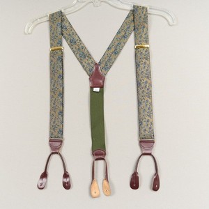 Vintage Silk Suspenders Green Gold Floral Tapestry Leather Button On Style USA