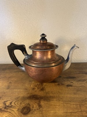 Vintage Copper Teapot Tea Kettle W/ Hanging Infuser Wood Handle 7 