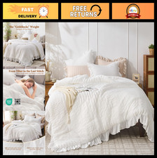 King Size Comforter Set - White Seersucker 3 Piece Bedding, Lightweight  Fluffy