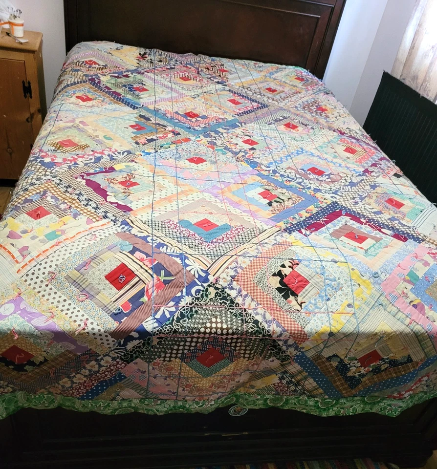 Vintage Antique Quilt Log Cabin Pattern Patchwork 94"x77" Summer Quilt Embroider - Image 2 of 4