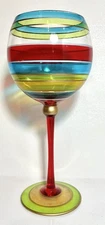Hand blown Hand painted baloon goblet red blue green stripes 9''X3'' red stem