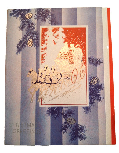 Vintage Christmas Card Red White & Blue Horse Drawn Carriage Christmas Greetings