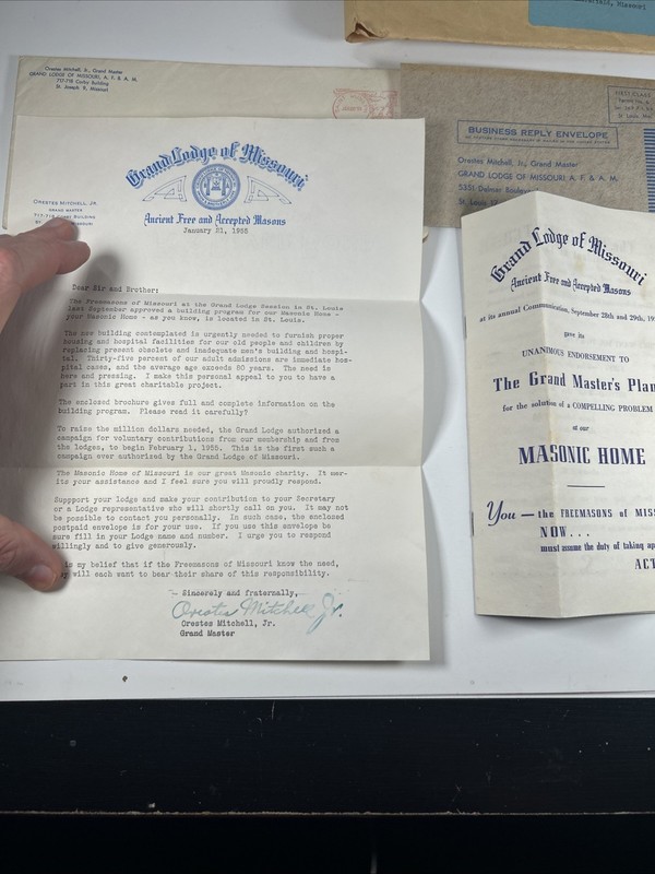 1955 Grand Lodge Of Missouri Masonic Ephemera Packet-Letter, Brochure-St Louis