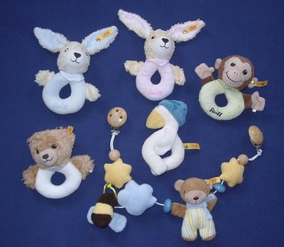 5 Steiff Greiflinge Hase Ente Bär Affe + Kinderwagenkette Benni Benny