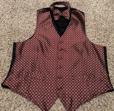 Men's Lubiam 1900 Vest Tuxedo Vest and Bow Tie Burgundy with Diamond Pattern