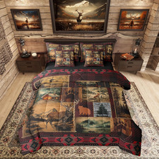 Patchwork Cabin Lodge Bedding Set Queen 7 Pcs,Bear Deer Hunting Bed in a Bag wit