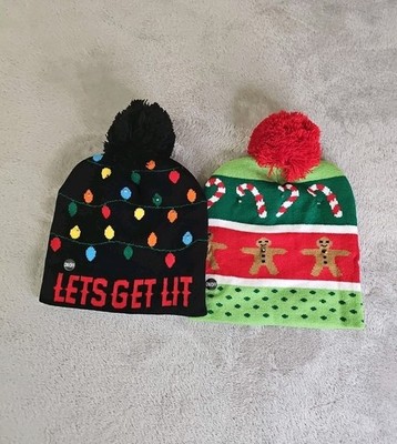 Gingerbread Man Pompom Hat /Let Get Lit Hat LED Light Up - 2pc
