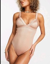 New ASOS Design Metallic Rib Plunge Swimsuit Golden Rust Size 14 Beach Costume