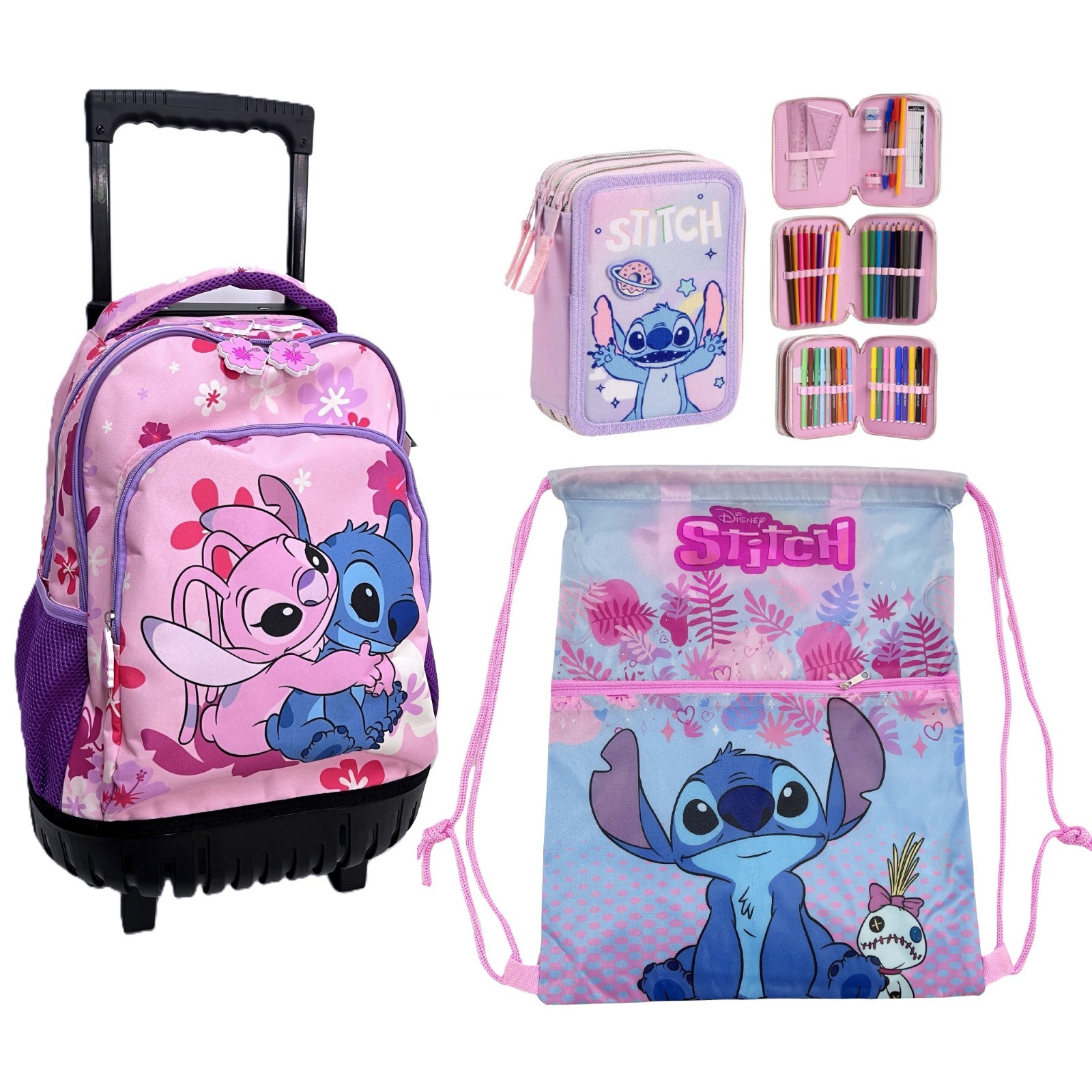 PONY Stitch e Angel Set Grande Zaino Trolley Ruote Scuola Astuccio 3zip Sacca Sport