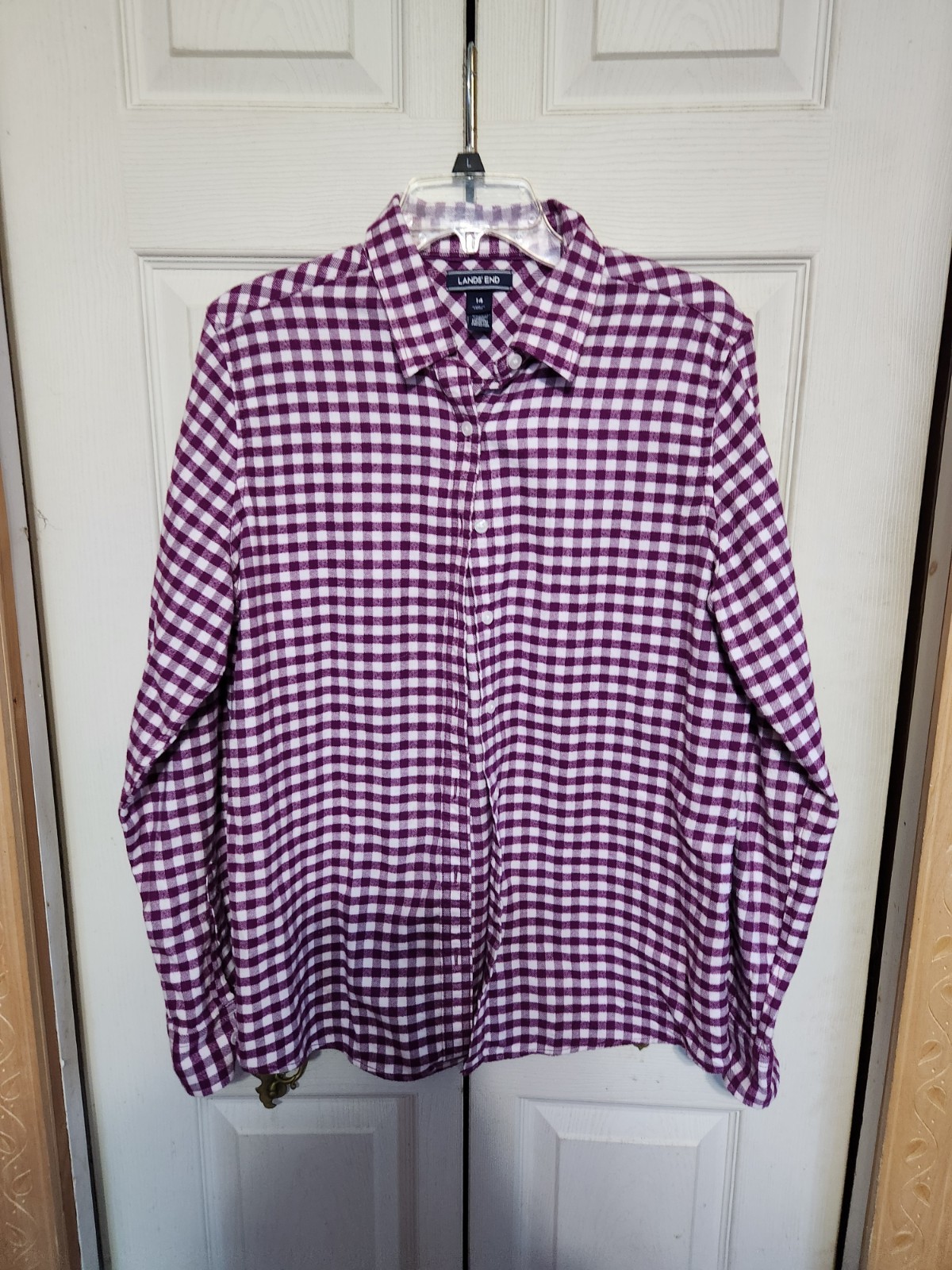Womens Lands End Purple Gingham Checkered Long-Sleeve Button Down Shirt Size 14