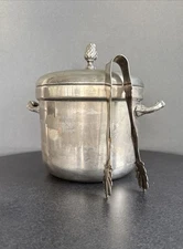 Vintage Silver Plated Insulated Ice Bucket & Lid With Tongs Ornate Top N Handles