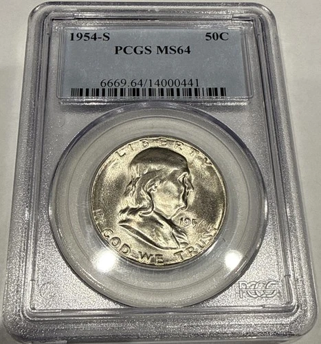 1954-S Franklin Silver Half Dollar PCGS MS64 - Blast White Coin