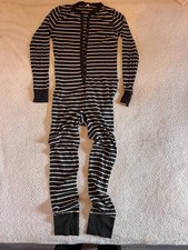 J. Crew Charcoal Gray/White Striped Union Suit Pajamas Long Sleeve Button Flap M