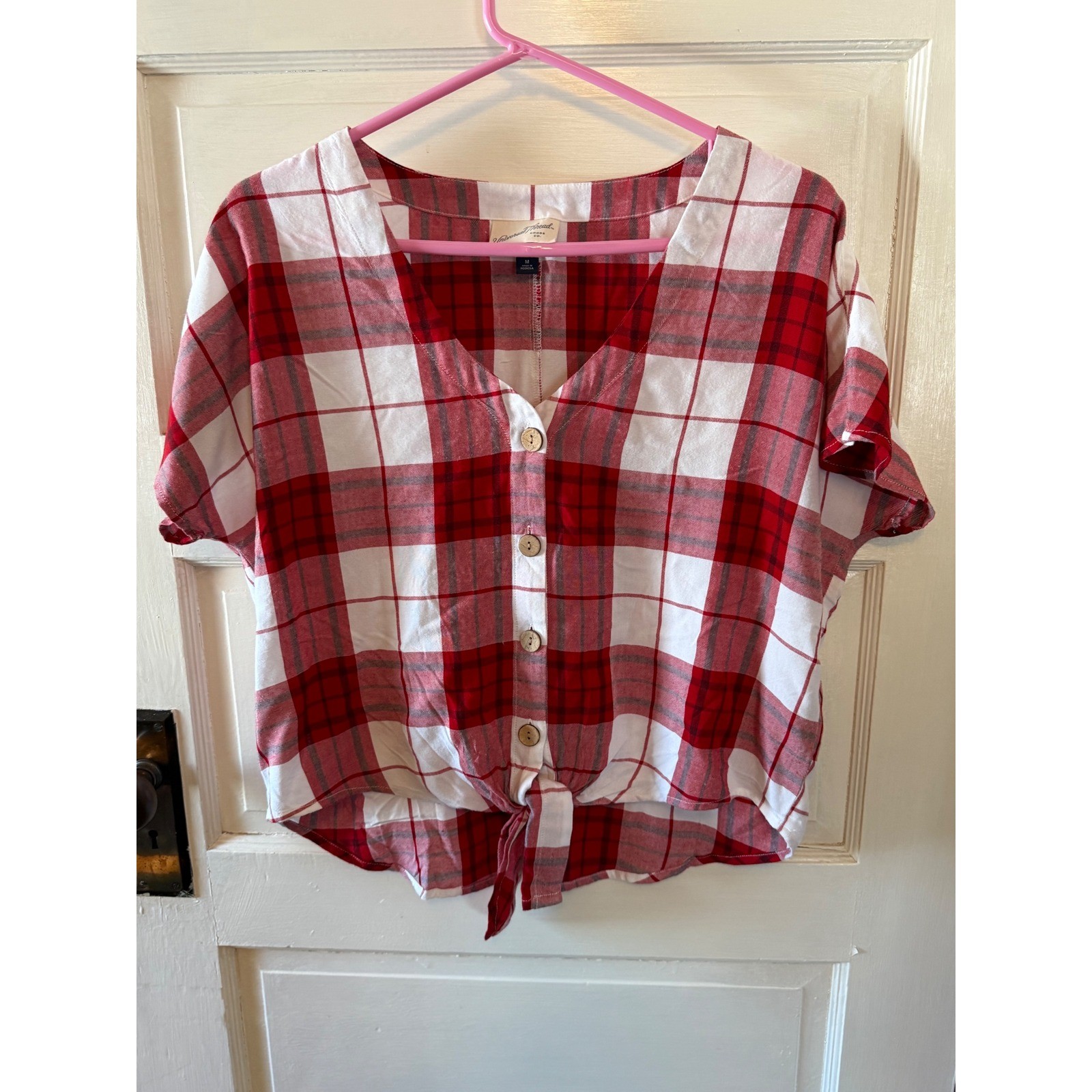 Universal Thread Red White Plaid Button Front Tie… - image 1