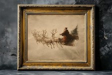 Vintage Father Christmas Sleigh Canvas Art Rustic Farmhouse Holiday Decor
