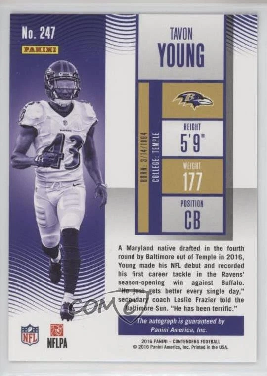 2016 Panini Contenders Playoff Ticket /99 Tavon Young #247 Rookie Auto RC - Image 2 of 2