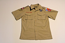 Boy Scouts of America BSA Youth Shirt Tan Medium Sewn Patches Short Sleeve