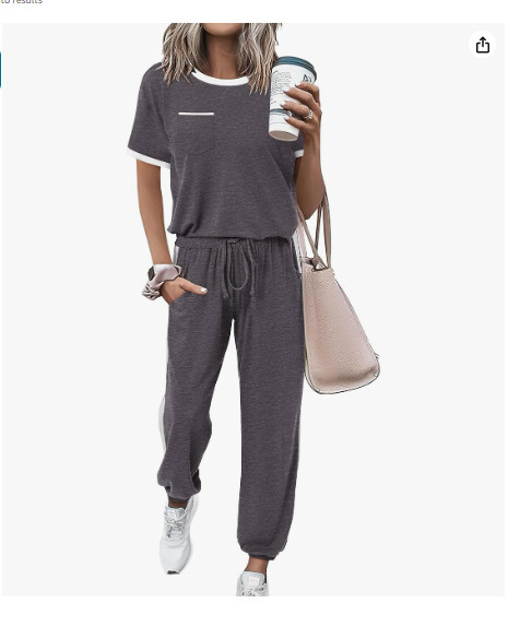 Women’s Two Piece Outfits Short Sleeve Long Pants Set Medium Gray