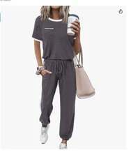 Women’s Two Piece Outfits Short Sleeve Long Pants Set Medium Gray