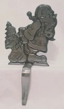 Cast Iron Santa with Bag Stocking Hanger Christmas Silver Tone 6" Metal 