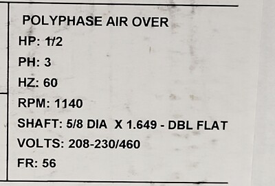 Hussmann 11096IN Electric Motor 1/2HP 230/460 60HZ 3PH 1140 Hussmann 11096IN Electric Motor 1/2HP 230/460 60HZ 3PH 1140