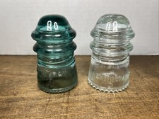 2 Antique Hemingray No 9 Clear Glass & Aqua Electric Insulators Made In USA