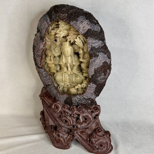 Einzigartige Guan Yin Bodisattva Speckstein Geode Ozeanszene Welle asiatische Schnitzerei Glück - Bild 14 von 24