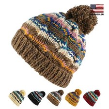 Bohemian Stripe Crochet Knit Slouchy Pom Pom Beanie Warm Winter Ski Hat Unisex