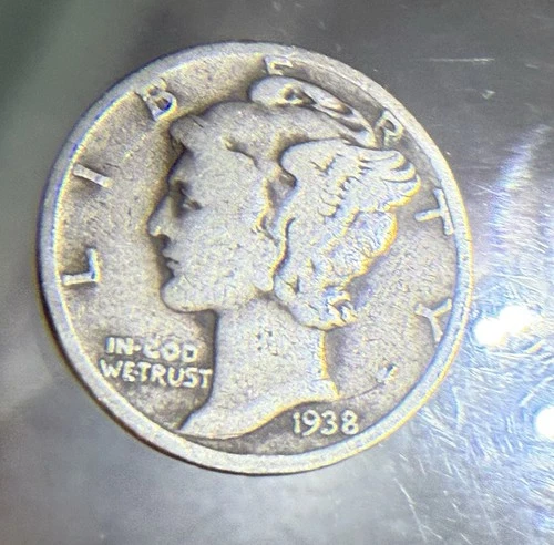 1938 Mercury Silver Dime Circulated But In Decent Condition. Free Shipping