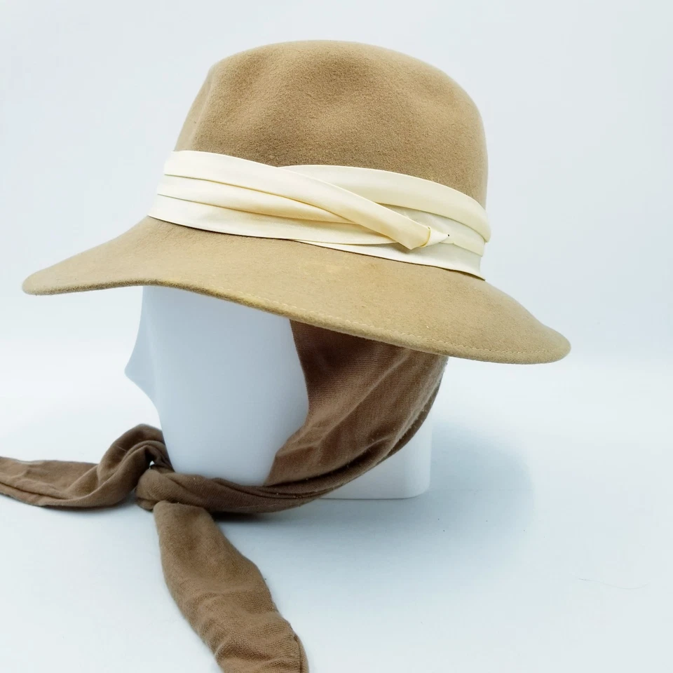 VTG Doeskin 100% Wool Beige Fedora Women's Felt Hat Attached Scarf Size Large - Image 4 of 4