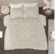 Madison Park Virginia 3 Piece Tufted Cotton Chenille Duvet Cover Set Taupe KING