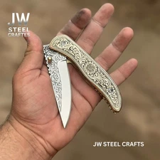 Handmade Brass Engraved Folding Knife – Hand-Forged Steel Blade – JW Steel Craft