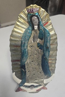 VTG Folk Art Tin Guadalupe Mexico Religious Santos Candle Holder Marked 