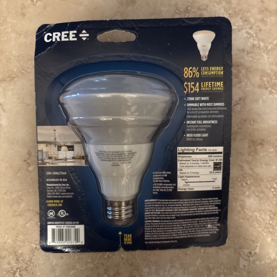 CREE 65 W / 9W LED Soft White 2700K BR30 Flood Dimmable Light Bulb - Image 2 of 2