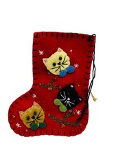 Handmade Felt Christmas Stocking Cat Design Embroidered Red Holiday Decor 3.5x5