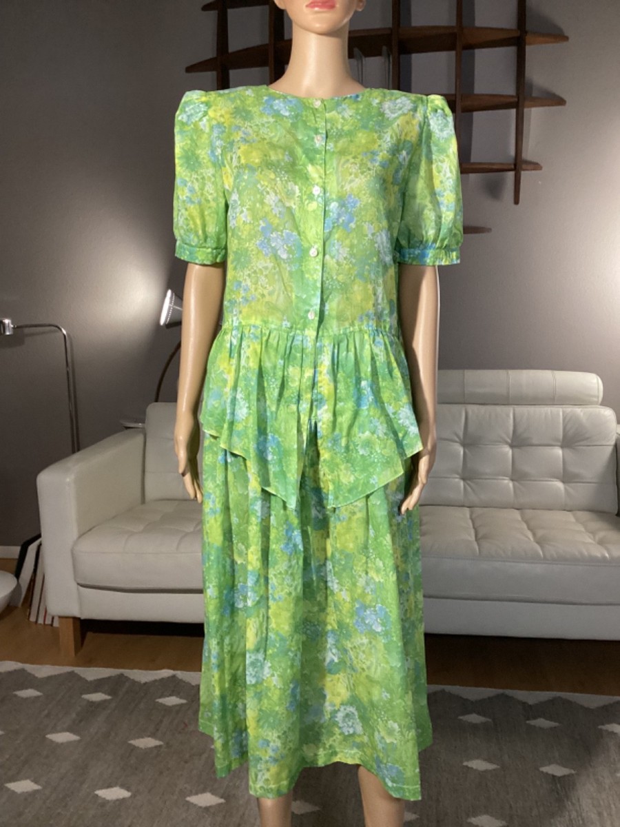 Vintage 1940's Green Floral Semi Sheer Garden House Dress Glass Buttons |  eBay